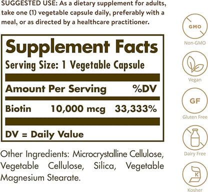Solgar Biotin 10000 mcg Vegetable Capsules Energy Metabolism Promotes Healthy Skin Nails Hair Super High Potency NonGMO Vegan Gluten Free Dairy Free Kosher Servings, Standard Packaging, Unflavored, 120 Count