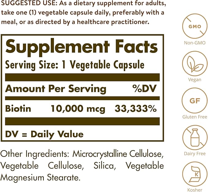 Solgar Biotin 10000 mcg Vegetable Capsules Energy Metabolism Promotes Healthy Skin Nails Hair Super High Potency NonGMO Vegan Gluten Free Dairy Free Kosher Servings, Standard Packaging, Unflavored, 120 Count