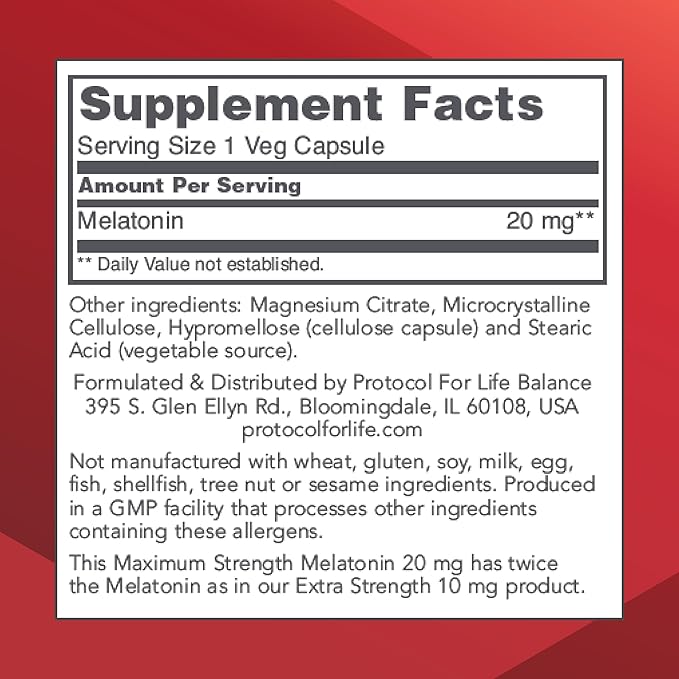 PROTOCOL FOR LIFE BALANCE Melatonin Maximum Strength - 20 mg Melatonin - Sleeping Support for Adults - Daily Immune Support - Pineal Gland Aid - Vegan & Non-GMO - 90 Veg Capsules