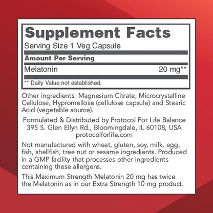 PROTOCOL FOR LIFE BALANCE Melatonin Maximum Strength - 20 mg Melatonin - Sleeping Support for Adults - Daily Immune Support - Pineal Gland Aid - Vegan & Non-GMO - 90 Veg Capsules