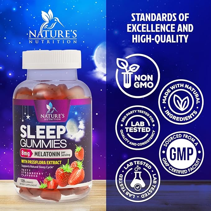 Sleep Gummy 8mg Melatonin - Extra Strength Sleep Support with 20mg Passiflora, Natural Sleeping Gummies for Adults, Vegan & Non-GMO, Melatonin Supplement for Restful Sleep Women & Men - 120 Gummies