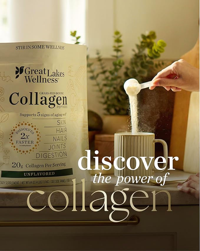 Great Lakes Wellness Bovine Collagen Peptides Powder for Skin, Hair, Nails, Joints & Digestion - Unflavored - Quick Dissolve Hydrolyzed, Wild Caught, MSC Certified, Non-GMO, Kosher - 32 oz