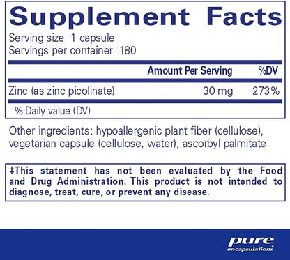Pure Encapsulations Zinc 30 mg - Supplement for Immune System Support, Growth and Development, and Wound Healing* - with Zinc Picolinate 30 mg - 180 Capsules