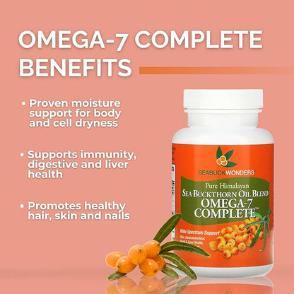 Organic Sea Buckthorn Oil, Omega-7 Complete Softgels, 30 Count, with Omega 3, 6 & 9, Supports Hair, Skin & Nail Health, 1000mg per Serving