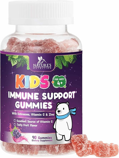 Kids Immune Support Gummy - Vitamin C, Zinc & Echinacea, Berry Flavor Children's Daily Immune Health Support Gummies for Ages 4 and Up, Nature's Vitamins for Kids, Vegan & Non-GMO - 90 Gummies