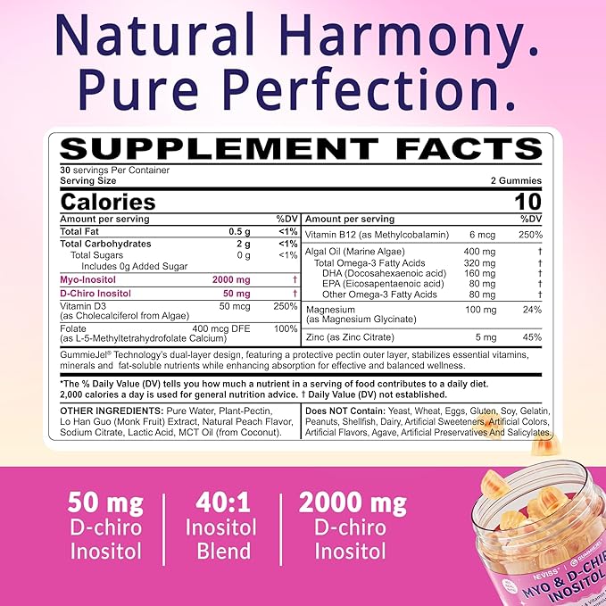Sugar Free Inositol Gummies - Myo-Inositol & D-Chiro Inositol Supplement 2000mg + 50mg Plus Methylfolate, Vitamin D3, B12, Algae Omega 3, Magnesium & Zinc Support Hormone Balance for Women, 40:1 Ratio