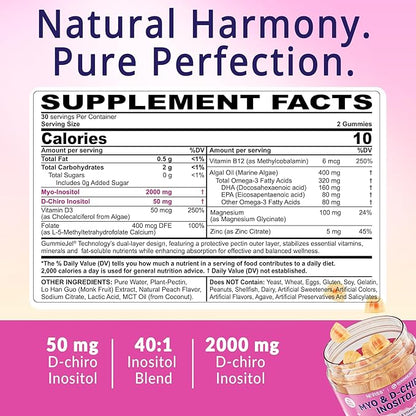 Sugar Free Inositol Gummies - Myo-Inositol & D-Chiro Inositol Supplement 2000mg + 50mg Plus Methylfolate, Vitamin D3, B12, Algae Omega 3, Magnesium & Zinc Support Hormone Balance for Women, 40:1 Ratio