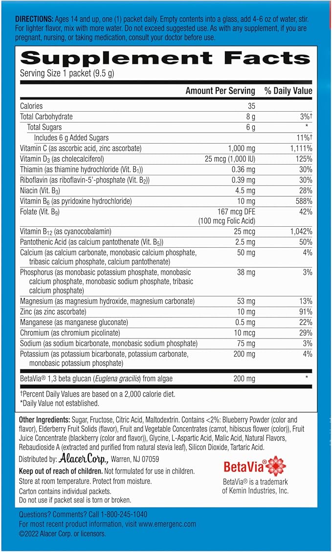 Emergen-C Immune+ Vitamin C 1000mg (18 Count, Elderberry) Dietary Supplement Fizzy Drink Mix Powder Packets