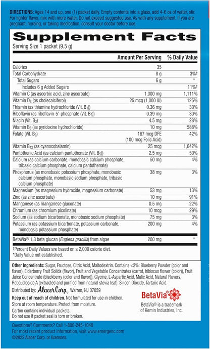 Emergen-C Immune+ Vitamin C 1000mg (18 Count, Elderberry) Dietary Supplement Fizzy Drink Mix Powder Packets