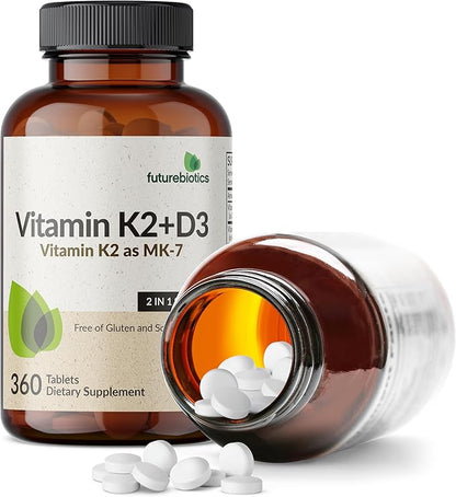 Futurebiotics Vitamin K2 with D3, 2 in 1 Support, 5000 IU Vitamin D3 & 90 mcg Vitamin K2 MK-7 Non-GMO, 360 Tablets