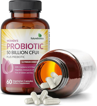 Futurebiotics Women's Probiotic 50 Billion CFU + Prebiotic with Cranberry & D-Mannose – Digestion Immune and Urinary Tract Support, Non-GMO, 60 Vegetarian Capsules
