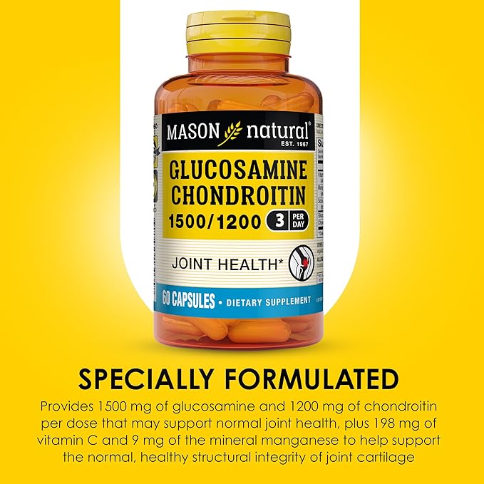 MASON NATURAL Glucosamine Chondroitin 1500/1200 3 Per Day with Vitamin C - Supports Joint Health, Improved Flexibility and Mobility*, 60 Capsules