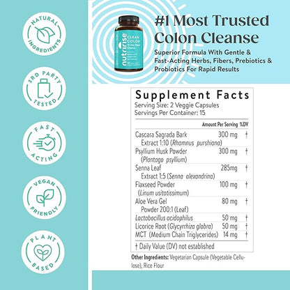 NutriRise 15 Day Quick Colon Cleanse for Gut Health - Digestive Support with Probiotics & Fiber for Constipation, Regularity & Bloating, Sugar & Gluten Free