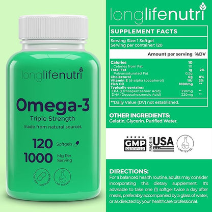 Omega 3 Fish Oil 1000mg - with High EPA & DHA, 120 Softgels, Fatty Acids Supplement for Cognitive Function, from Salmon, 4-Month Supply, GMP Certified, Made in USA