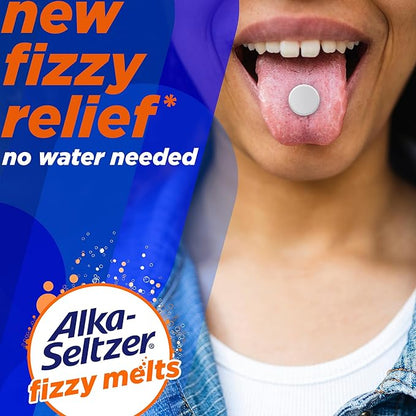 Alka-Seltzer Fizzy Melts, Dissolve on Tongue, No Water Needed, On-The-Go Dietary Supplement Antacid Tablets, for Relief of Occasional Heartburn and Acid Indigestion*, Orange Flavor, 64 Count