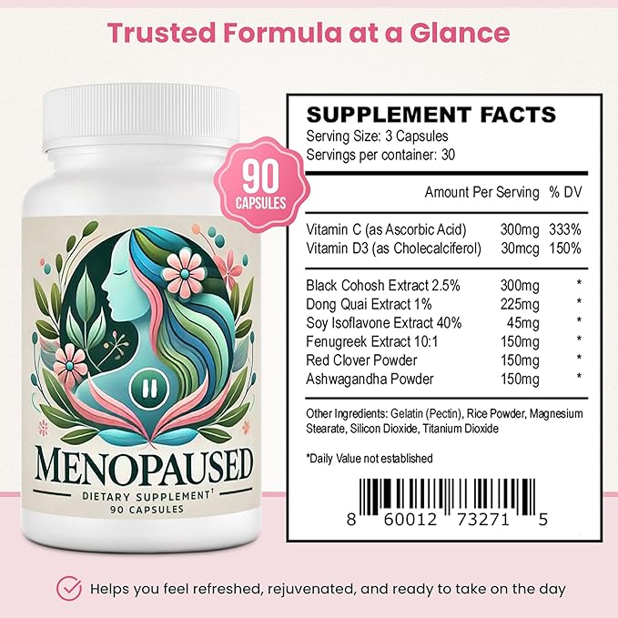Complete Multi-Symptom Menopause Supplement for Women - Provide Menopause Relief, Hot Flashes, Night Sweats, & Mood Swings, Hormone Support for Women, Non-Gluten & Non-GMO, 90 Capsules