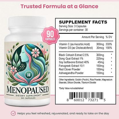 Complete Multi-Symptom Menopause Supplement for Women - Provide Menopause Relief, Hot Flashes, Night Sweats, & Mood Swings, Hormone Support for Women, Non-Gluten & Non-GMO, 90 Capsules