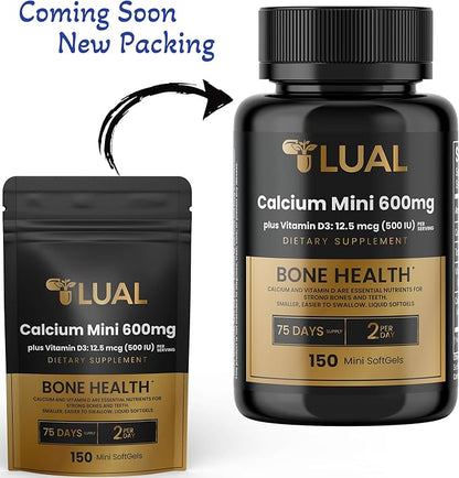 LUAL Calcium Minis 600 mg with Vitamin D3 - Bone & Muscle Support - 150 Mini Softgels - Easy to Swallow - Calcium & D3 for Strong Bones & Mobility