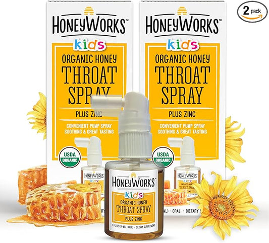 HoneyWorks Kids Throat Spray for Sore Throat Relief, 1 Oz (Pack of 2) Soothing Non-GMO USDA Organic Dark Honey + Zinc, Fast-Acting Relief, 12 Months+