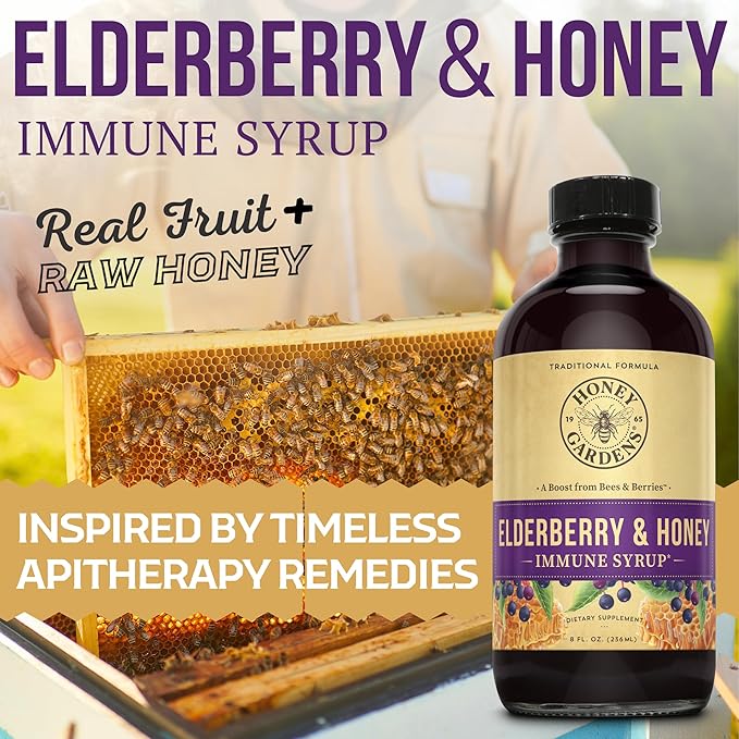 Honey Gardens Elderberry & Honey Immune Syrup - Black Elderberry Syrup for Adults & Kids, Natural Throat Defense Wellness Supplement with Propolis & Organic Apple Cider Vinegar - 8 Fl Oz