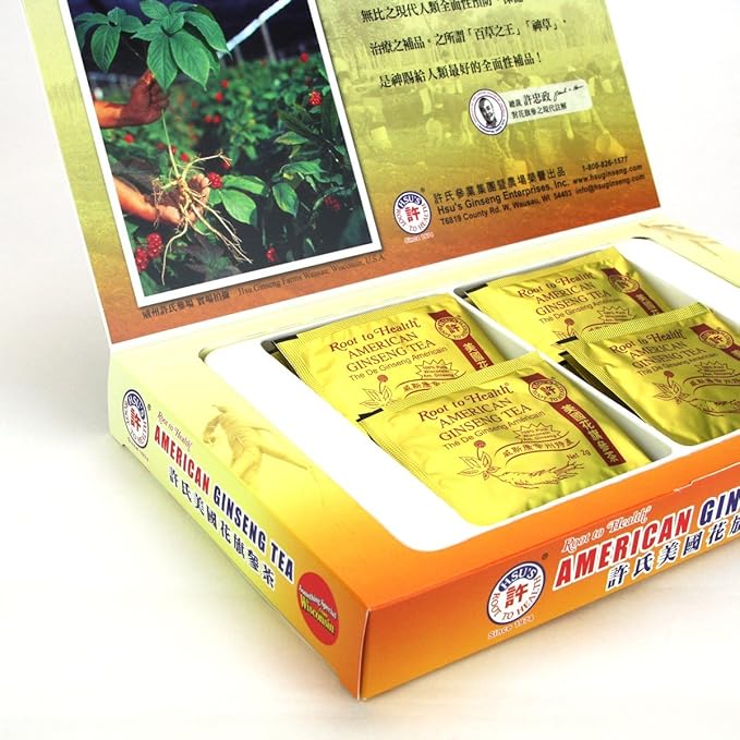 Hsu's Ginseng SKU 1034 | American Ginseng Tea, 20ct | Cultivated Wisconsin American Ginseng direct from Hsu's Ginseng Gardens | 许氏花旗参茶 | 20ct Box,西洋参, B000153R40