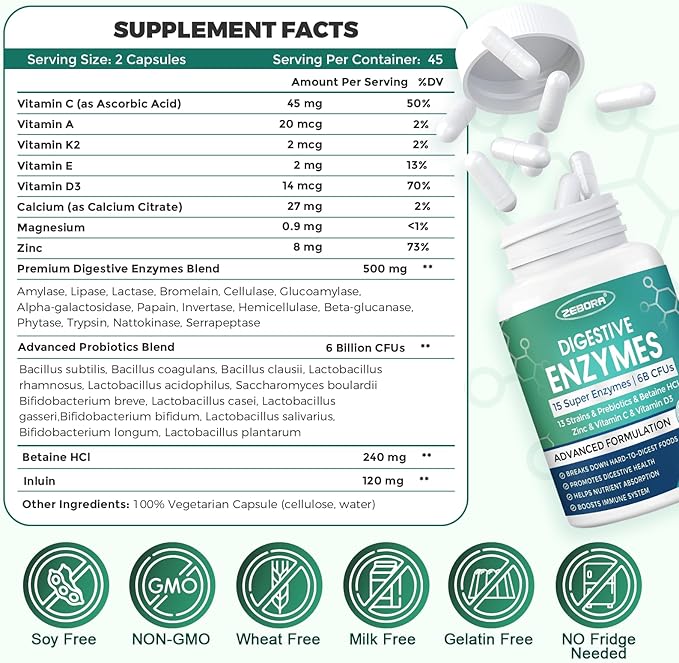 ZEBORA Digestive Enzymes for Women-Men, Digestive Enzymes with Probiotics and Prebiotics for Digestive Health, Nutrient Absorption, Immune Support and Reduce Bloating & Indigestion, 45 Servings