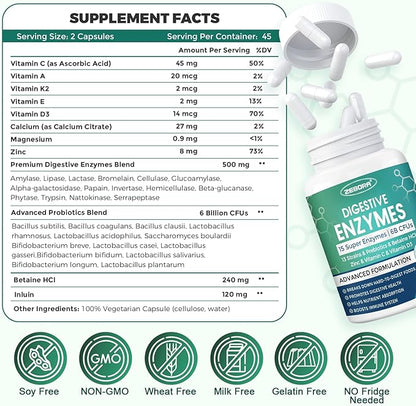 ZEBORA Digestive Enzymes for Women-Men, Digestive Enzymes with Probiotics and Prebiotics for Digestive Health, Nutrient Absorption, Immune Support and Reduce Bloating & Indigestion, 45 Servings
