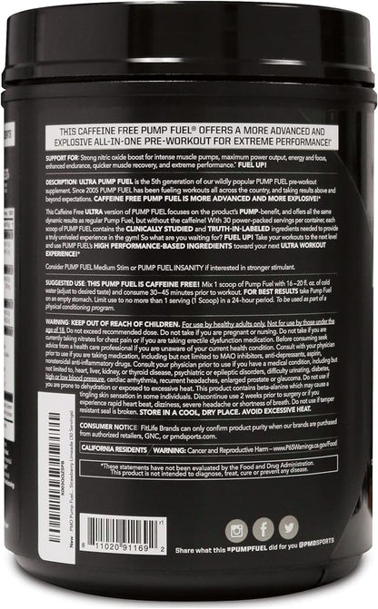 PMD Sports Ultra Pump Fuel Caffeine Free - Pre Workout Drink Mix - Energy, Strength, Endurance, Recovery Complex Carbohydrates and Amino Energy - Strawberry Limeade (30 Servings)