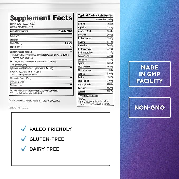DR. EMIL NUTRITION Collagen Peptides Powder Plus Sleep Support - Collagen Powder for Women with 5-HTP, Melatonin & L-Theanine - Collagen Supplements with Biotin for Hair, Skin & Nails