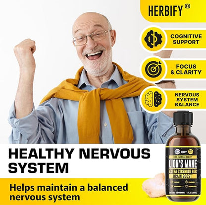 HERBIFY Lions Mane Supplement - Daily Mushroom Supplement for Memory, Focus & Clarity - Brain Booster - Lions Mane Tincture for Immune Support - 4 Fl oz