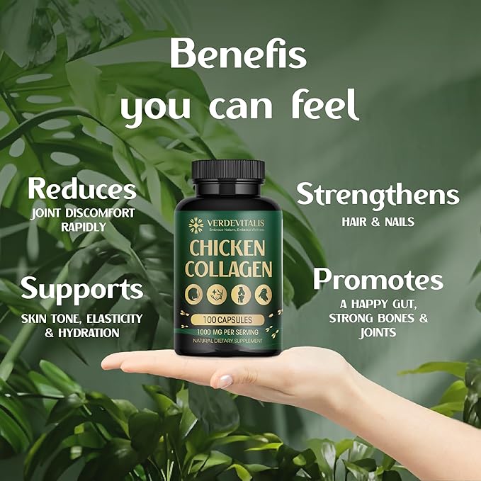 Chicken Collagen Capsules - Type II Collagen Nutritional Supplement for Joint, Skin & Bone Support-Non-GMO, Anti-Aging Supplements with Hydrolyzed Collagen Peptides - 100 Capsules
