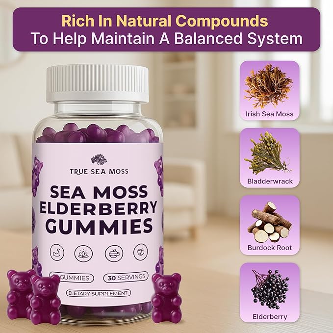 Sea Moss Gummies with Elderberry, Burdock Root and Bladderwrack for Kids and Adults 60pcs