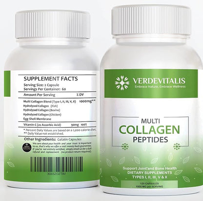Multi Collagen Peptides Capsules -Non-GMO&Gluten Free Type I, II, III, V, X Hydrolyzed Collagen Supplements with Vitamin C - Supports Healthy Hair, Skin, Nails, & Joints - 120 CPS