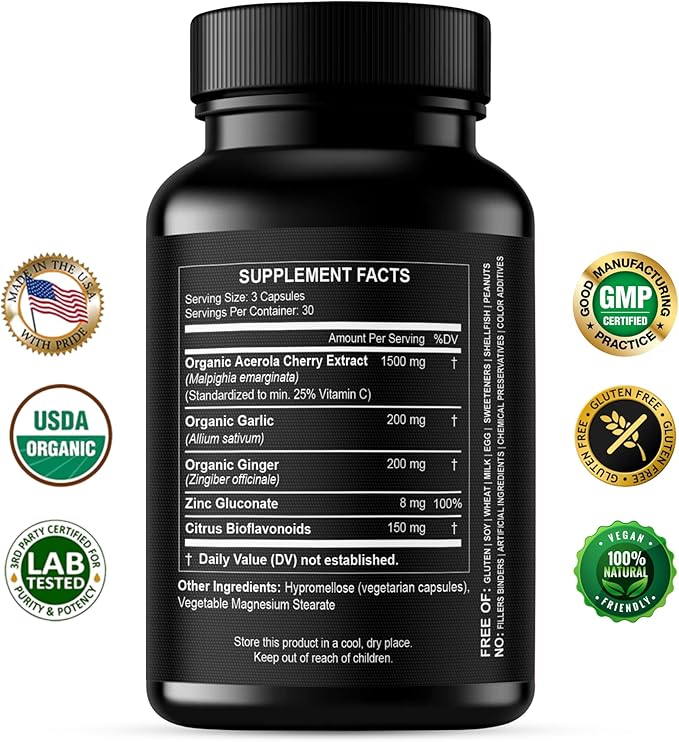Natural Vitamin C from Organic Acerola Cherry - High Absorption - with Garlic Ginger & Citrus Bioflavonoids - Immune System & Collagen Booster - Anti Aging Skin Vitamins