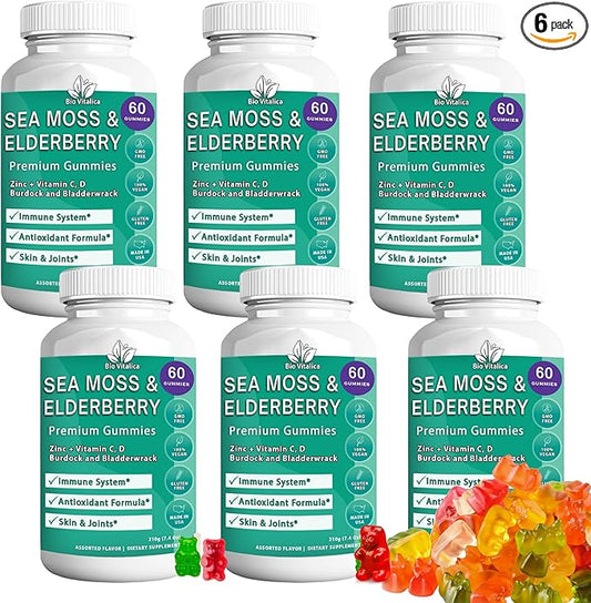 BIO VITALICA Sea Moss Gummies Elderberry BioVitalica - Vitamin C D + Zinc - Irish Seamoss Vegan Gummy with Sea Moss Gel & Powder for Immunity, Detox - for Adults and Kids (6Packs)