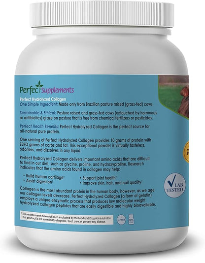 Perfect Supplements – Unflavored Hydrolyzed Collagen Powder for Men and Women - Collagen Peptides - Mix in Hot Cold Liquids, Grass Fed, Easy Absorption, 660 Grams