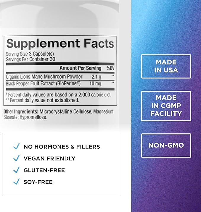 DR. EMIL NUTRITION 2100mg Organic Lions Mane Supplement Capsules - Focus, Mental Clarity & Cognition - Nootropic Lion's Mane Mushroom Supplement with Organic Lions Mane