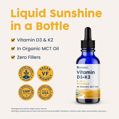 NativePath D3K2 Tincture - 2000IU Vitamin D3 and Vitamin K2 Supplement with Organic MCT Oil - 1 Fluid Ounce - Rapid Bioavailability Multi-Vitamin for Bone Strength and Total Body Wellness, 30 Servings