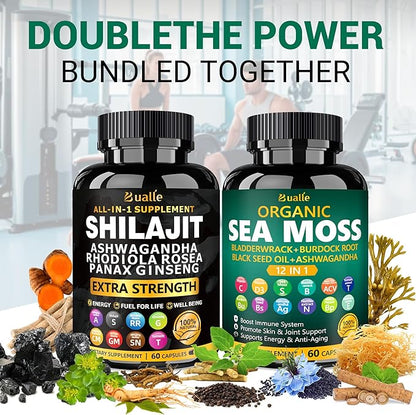 Sea Moss for Women & Shilajit for Men Supplement with Black Seed Oil, Ashwagandha, Maca & Ginger - Immune Support & Energy Booster - 120 Vegan Capsules - Organic Herbal Complex