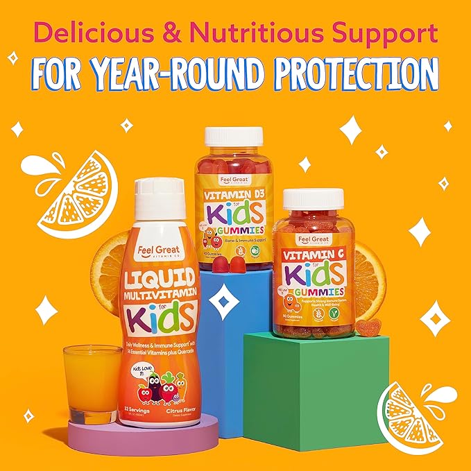 Feel Great Sugar Free Kids Multivitamin – Liquid Multivitamin | Essential Vitamins for Immune Support | Orange Flavored, Vegetarian Formula | 30 Day Supply