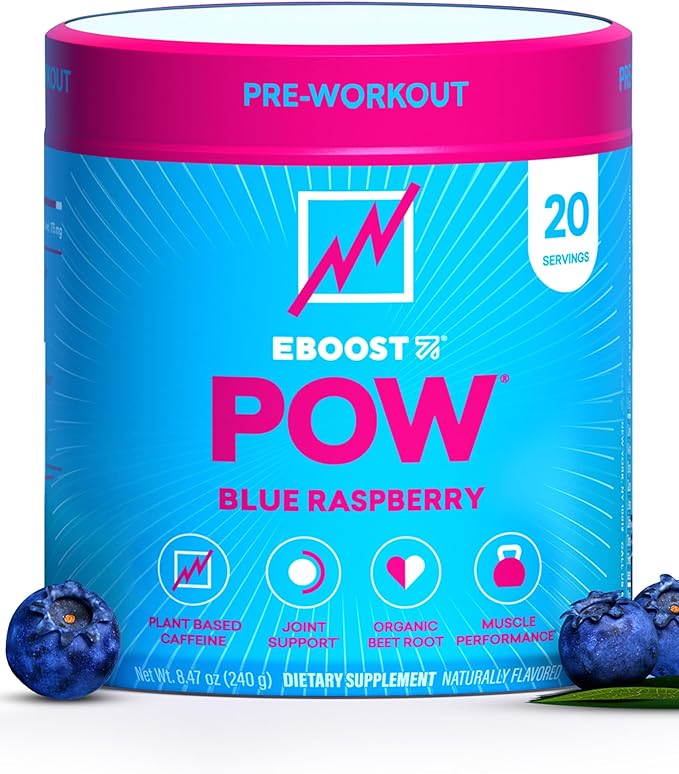 EBOOST POW Natural Pre Workout Powder – 20 Servings - Blue Raspberry - A PreWorkout Supplement for Performance, Joint Mobility Support, Energy - Men and Women - Non-GMO, Gluten-Free, No Creatine
