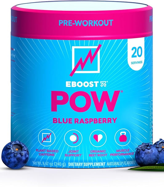 EBOOST POW Natural Pre Workout Powder – 20 Servings - Blue Raspberry - A PreWorkout Supplement for Performance, Joint Mobility Support, Energy - Men and Women - Non-GMO, Gluten-Free, No Creatine