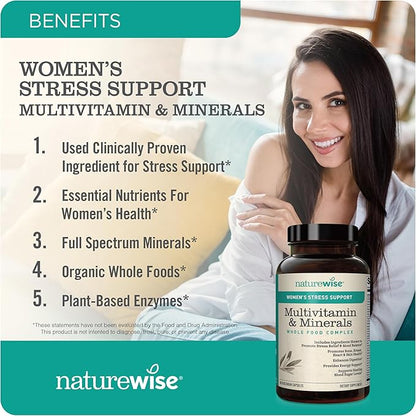 NatureWise Multivitamin for Women + Stress Support with Organic Whole Foods & Natural Minerals - B-Complex + Vitamin C + D3 K2 for Immunity, Hair, Skin & Nails - Non-GMO - 60 Capsules[30-Day Supply]