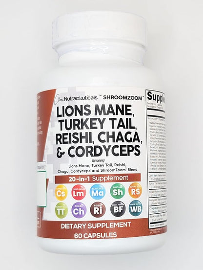 Clean Nutraceuticals Lions Mane 20in1 Mushroom Supplement with Turkey Tail Reishi Cordyceps Chaga Maitake Meshima Poria Cocos Shiitake Oyster Porcini Enoki - 2Pack
