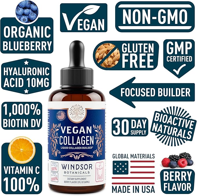WINDSOR BOTANICALS Vegan Collagen Builder Liquid Supplement - Collagen Booster with Vitamin C, Biotin, Hyaluronic Acid & Amino Acids - Organic Fruit & Vegetable Blend - 60ml, 30 Day