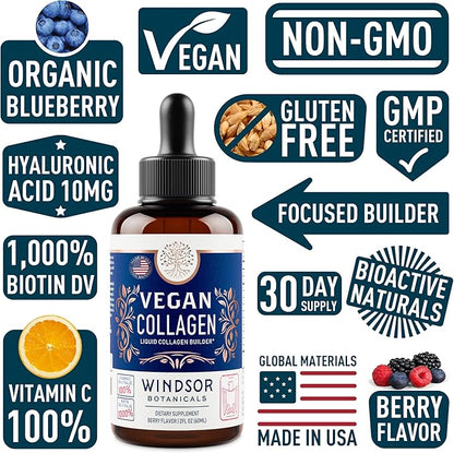 WINDSOR BOTANICALS Vegan Collagen Builder Liquid Supplement - Collagen Booster with Vitamin C, Biotin, Hyaluronic Acid & Amino Acids - Organic Fruit & Vegetable Blend - 60ml, 30 Day