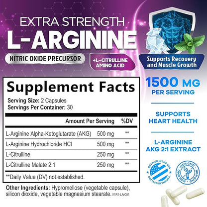 L-Arginine 1000mg Supplement Supports Heart Health - Premium Muscle Supporting Nitric Booster for Strength & Energy to Train Harder - Nature's Non-GMO, Gluten-Free Amino Acid Blend - 60 Capsules