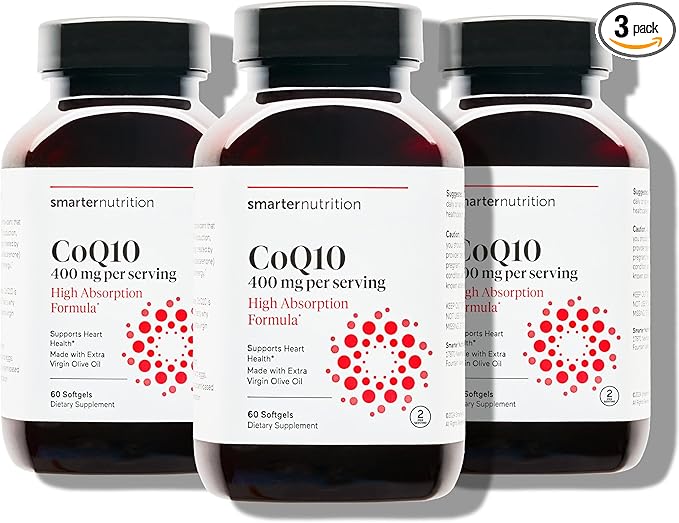 Smarter Nutrition CoQ10 400 mg High Absorption - Naturally Fermented Ubiquinone w/Organic Cold-Pressed Olive Oil - for Heart Health, Cellular Energy - Non-GMO, Gluten Free - 180 Count[90-Day Supply]