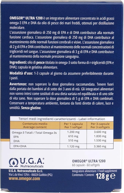 OMEGOR Omega 3 Fish Oil 1200mg Ultra - 610mg EPA and 510 DHA Omega3 IFOS Certified - High Bioavailability and No Aftertaste (60 Caps)