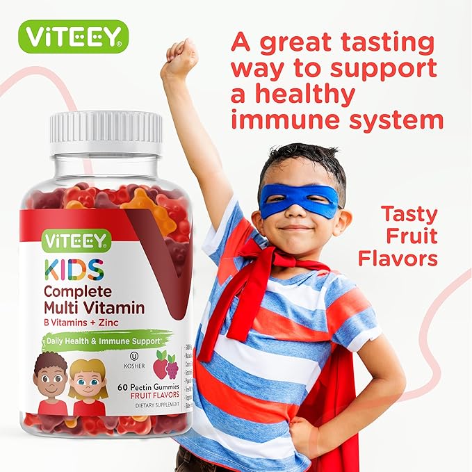 Viteey Kids Multivitamin Gummies, Complete Daily Essential Kids Vitamins - Great for Immune Support & Overall Health - 12 Essential Minerals & Vitamins - Vegetarian, Gelatin Free- Fruit Flavor Gummy